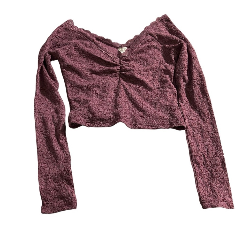 No Boundaries Purple Ruched Crop Blouse Long Sleeve